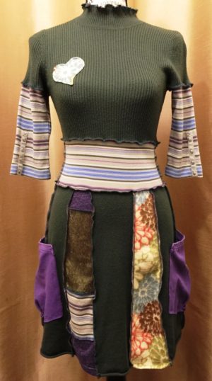 Upcycled Boho Patchwork Green Wool Dress