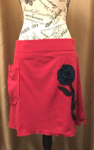 Red Knit Skirt with Teal Flower