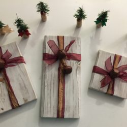 Handmade Wooden Christmas Packages with Burgundy & Gold Ribbon