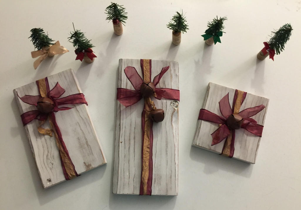 Handmade Wooden Christmas Packages with Burgundy & Gold Ribbon